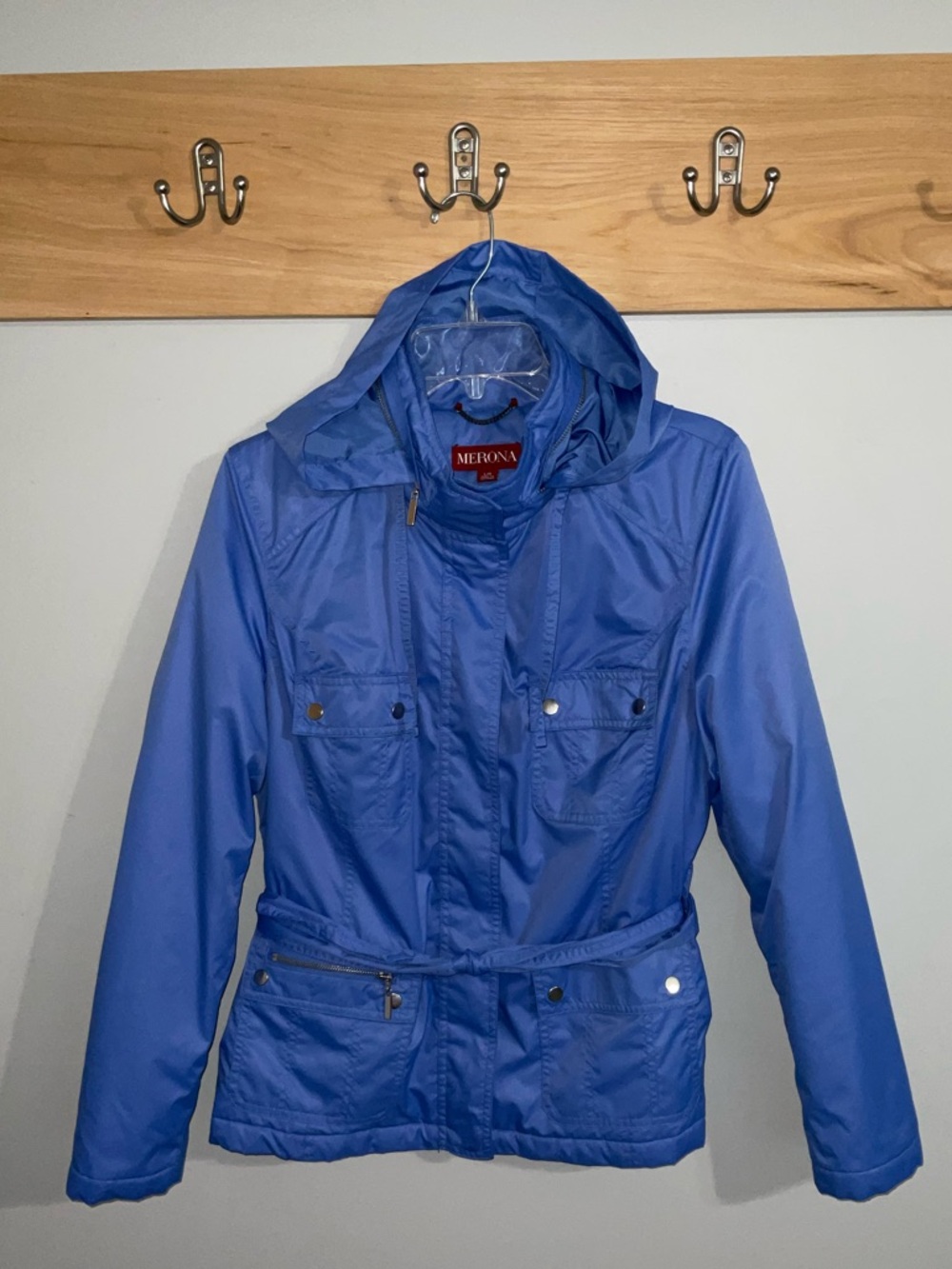 Merona Periwinkle Utility Jacket with Belt and Hideaway Hood Size Large